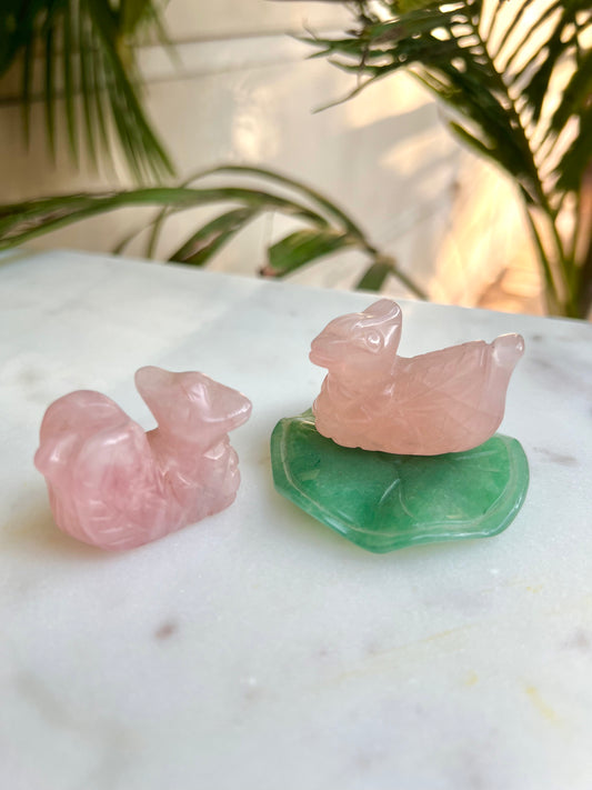 Rose Quartz Ducks On Green Jade Lily Pad