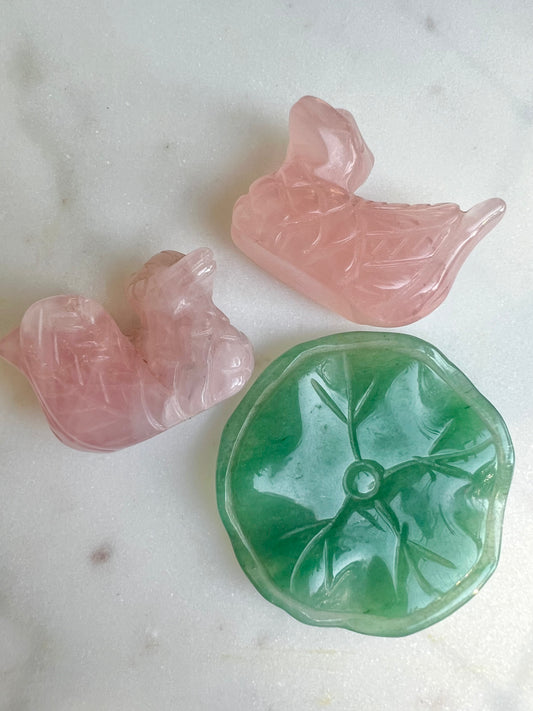 Rose Quartz Ducks On Green Jade Lily Pad