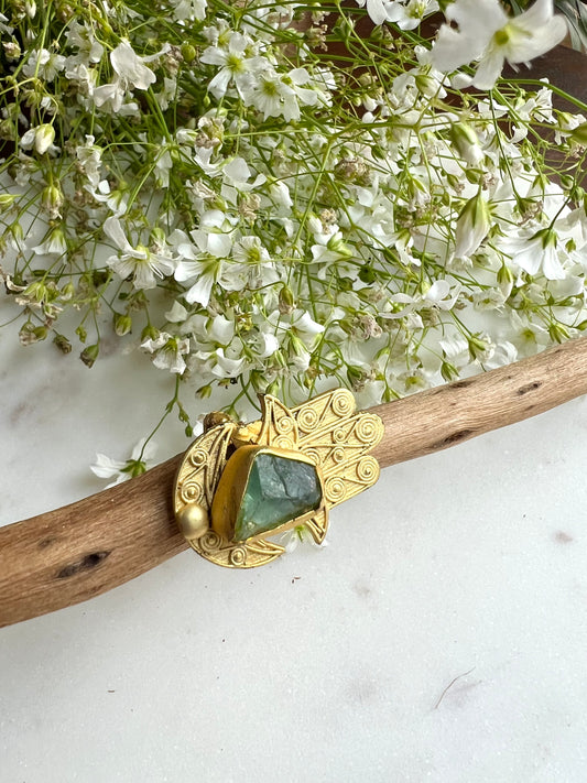 Green Aventurine Hamsa Adjustable Ring