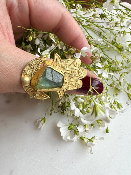 Green Aventurine Hamsa Adjustable Ring